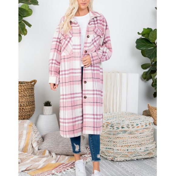 Pink Plaid Long Flannel Shirt Jacket Shacket Coat - Picture 3 of 8